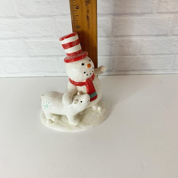 Midwest of Cannon Falls Snowman With Polar Bear Figurine Glittery Winter Snow - Picture 5 of 7